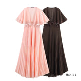 Fongt Summer 2025 New Women's Clothing Fashion Plus-Size Temperament French Style V Collar Lace Folded Skirt Girl