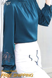 Women's Blouse Silk Tops for Women Solid Embroidered Long Lantern Sleeve Top Stand Neck Clothing Female 2023 Basic