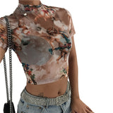 Fongt 2024 New Women's Season Cupid Print Short Short Sleeve T Shirt Mesh Base-Outfit
