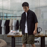 New Retro Tools Pocket Shirt Men's Youth Trend Loose Short-Sleeved Shirt Middle Sleeves-Outfit
