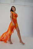 Sexy Hollow Out Tie-Dye Sleeveless Fungus Lace Tail Temperament Open Back High Slit Dress-Outfit