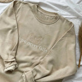 Love Never Fails Butterfly Embroidered Khaki Crewneck Sweatshirt-Outfit