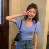 Fongt New Chic Temperament Slimming Foam Sleeve Round Collar Knitted Short-Sleeved T-Shirt White Blouse