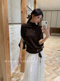Fongt Xixi 2025 Autumn New White Standard Temperament High-Neck Solid Color Knit Shirt Short-Sleeve Top Lady 25368