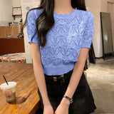 Fongt Temperament Hollow T-Shirt Girl Summer New Solid Color Short-Term Cash Waist Repair Slim Thin Short-Sleeved Top