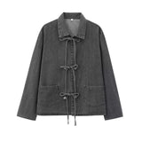 Fongt Women's Spring New Collar Bows Decorated With Long-Sleeved Pocket Wash Denim Shirt Pocket Design