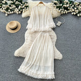 Fongt Simple Wind Bumpy Striped Knitted Sister Set With Long-Sleeved Sweater + High Waist Long Body Skirt Winter