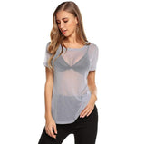 Fongt Women's High Bullet Silver Mesh Hollow-Out Long Sleeve Top Sexy Mesh Perspective Smock
