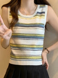 New Rainbow Striped Vest Round Neck Sweater Thin Ice Wire Halter Top-Outfit
