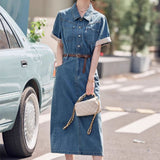 Fongt Kong Style Retro Thin Denim Dress Women's Summer 2025 New Loose Thin Small Short-Sleeved Shirt Dress