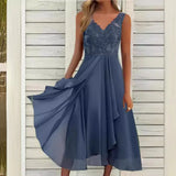 Fongt Chiffon Stitching Lace Hollow Out Long Dress Bridesmaid Evening Dress