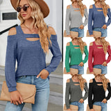 2023 New U Collar Off-Shoulder Splice Long Sleeve Loose T-Shirt Top Women-Outfit