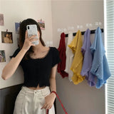 Women Patched Lace O-Neck Knitted Short Sleeve Thin Sweaters Cardigans Lady Single-breasted Buttons Sweater Crop Tops Female-Outfit
