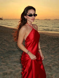 Red Satin Halter Maxi Dress-Outfit