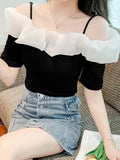 Neck T Shirts Girls Patchwork Stretchy Slim Tshirt Top Women Summer Black White Short Sleeve Tees With Straps-Outfit