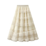 Fongt Heavy Industry Lace Cake Skirt Long Skirt Sweet Wind High Waist Wood Ear Net Yarn Skirt 1276