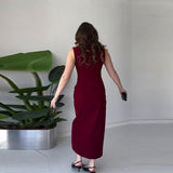 Fongt New Women's Single-Cringed Knitless Knitted Solid-Colored Waist Dress