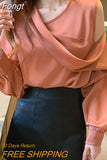 Slim Women Off-Shoulder Long Sleeve Chiffon Blouse Autumn 2023 Elegant Satin shirt Solid OL Tops Chemisier Femme