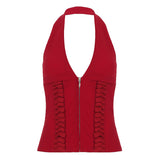 Fongt Trendy Sexy Strap Girded Waist Design Solid Sexy Hot Babes Hanging Neck Zipper Small Vest 2025 New