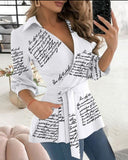 Hot Style Autumn New Print Long Sleeve V Collar Belt Shirt Women-Outfit