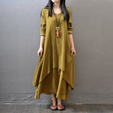 Fongt Spring And Autumn New Fake Two Long Dress Literary And Wide Linen Dress Loose Long-Sleeved Solid Cotton Dress