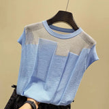 Patchwork Ice Silk Knitted Tops Blusas Mujer De Moda Women O-neck Short Sleeve Pullover Fashion Thin Blouse Blusas