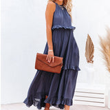 Fongt Summer New Holiday Wind Lotus Leaf Side Long Dress Swing Flowing Beach Dress Woman