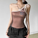 Fongt Summer Women's Diagonal Shoulder Spice Letter Print Suspenders Slim Vest-Outfit