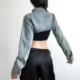 Old Washing Metal Buckle Collar Loose Long-Sleeved Ultra-Short Denim Jacket Blouse 2023 New Style-Outfit