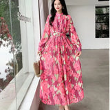 Fongt Women's Autumn Dress French Bubble Sleeves Long Heavy Industry Pressure Folds High-Grade Chiffon Floral Fall-In-Action Dress