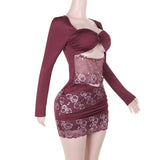 Purple Patchwork Long Sleeve Bodycon Mini Dress-Outfit