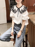 Lace Loose Shirt Patchwork Women's Blouse Summer Long Puff Sleeve Casual Top 2022 Fashion Female New French