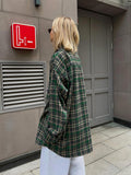 Shirt Female Autumn 2024 New Vintage Double Pocket Plaid Stripe Medium Long Shirt-Outfit