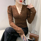 New V-neck Slim Fit Long Sleeve Lace T-shirt for Women V Neck Slim Cropped Tops T Shirts Female Stretch Tee-Outfit