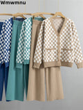 Plaid Sweater Two Piece Set Fall Winter V-neck Knit Cardigan Jackets Conjuntos Casual High Waist Wide Leg Pants Outfits