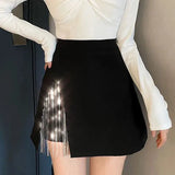 Black Side Split Rhinestone Fringe Mini Skirt-Outfit