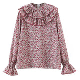 Women Ruffles Flowers Print Oversize Collar Shirt Long Sleeve 2021 Chic Female Blouse Shirt Tops