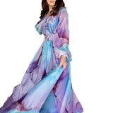 Fongt Spring And Summer New Printing Big Swing Collar Mesh Dress Commuted Large Size Women's