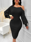 Fongt Hot Selling Single Shoulder Lantern Sleeve Solid Color Collect Purse Hip Dress Sexy Wind Women's Clothing-Outfit