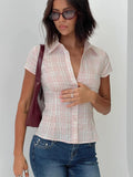 Fongt Style Organ Folds Solid Color POLO Collar Short-Sleeved Shirt To Close Short Buckle Umbilical Top