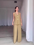 Fongt Women's Temperament Elegant Solid Color V-Neck Sleeveless Vest High-Rise Broad Leg Trousers Set