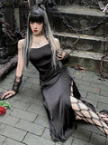 Dark Satin Mall Gothic High Split Slip Dresses For Women Slim Crop Tops Chinese Style Cheongsam 2Piece Sets Sexy