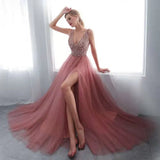 Fongt Wishebayshopee Pink Embroidered Beads Sexy Deep V-Squins Evening