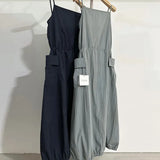Fongt Chic Spring And Autumn Hepburn Wind Sling Dress Women's Temperament Draw Rope Waist Show Thin Large Pocket Long Skirt-Outfit