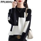 Dye Spring Fall Knit Tops Women Casual Patchwork Korean Sweaters Design Contrasting Colors Pullover O-neck Knitwear