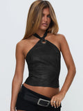 Fongt Retro Brown Leather Ring Decoration Hanging Neck Vest Sexy Back Strap Strap Short Top