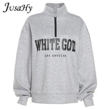 Autumn Letter Print Hoodies for Women Harajuki Style Turtleneck Zipper Long Sleeves Loose Pullovers Casual