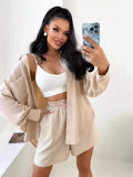 Fongt Women's Solid Color Single Row Buckle Long-Sleeved Shirt Loose Fashion Casual Shorts Set