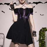 Dark Harajuku Cute Hettuce Hem A-Line Dresses Gothic Grunge Lace Up Off Shoulder Mini Dress egirl Sexy Alternative