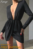 V Neck Folds Evening Mini Dresses Women Long Sleeve Solid Night Chain Office Lady Autumn Sexy Party Dress Fashion